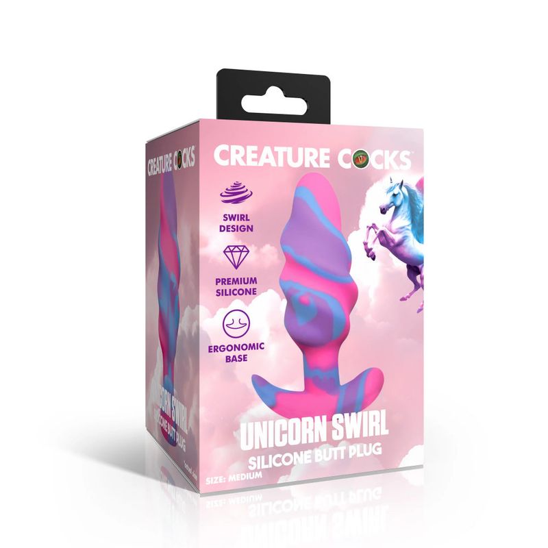 Unicorn Swirl Silicone Butt Plug packaging showcasing vibrant colors and ergonomic design.
