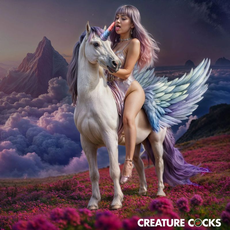 Enchanting scene of a woman riding a majestic unicorn with wings, surrounded by colorful flowers and mountains.