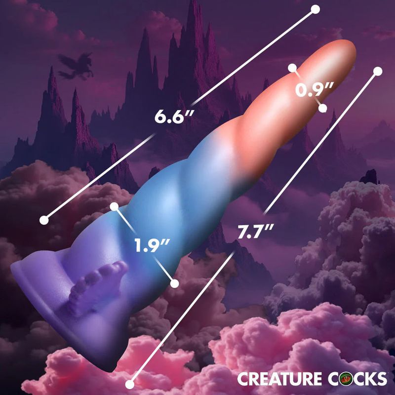 Dream Rider Silicone Dildo featuring unicorn horn design, 7 inch size with spiral ridge and suction cup base.