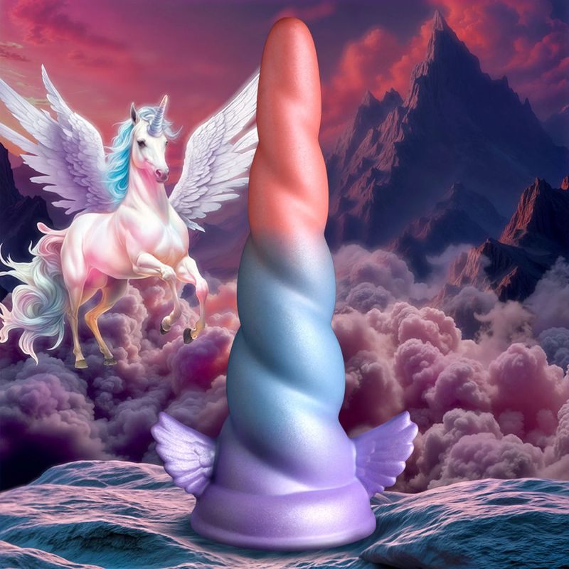 Dream Rider Silicone dildo featuring a unicorn horn design with spiral ridge and wings, ideal for fantasy play.