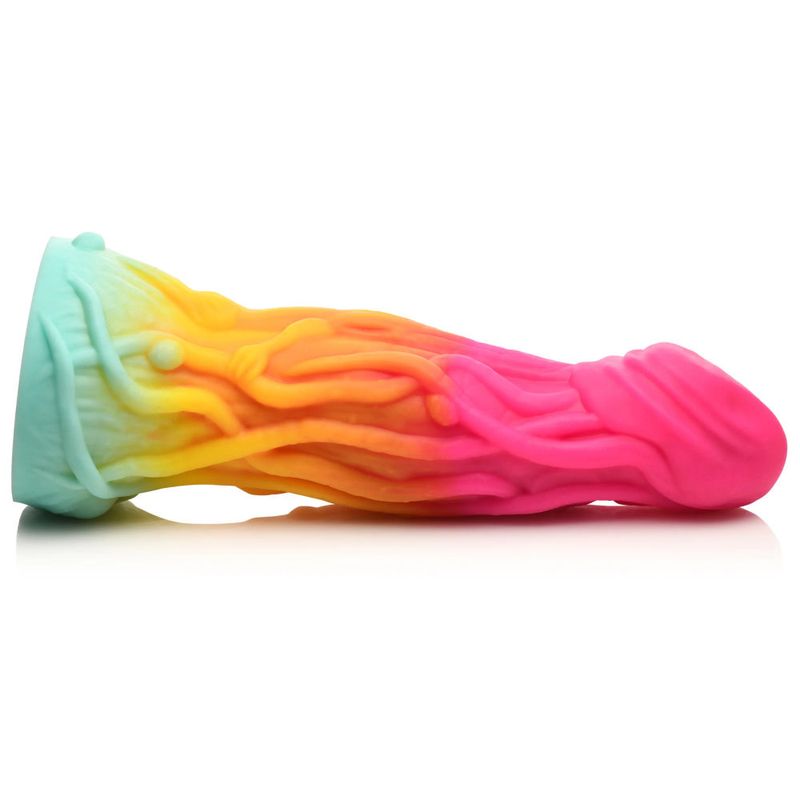 Shape Shifter Alien Silicone Dildo in vibrant rainbow colors with unique texture and tapered tip.