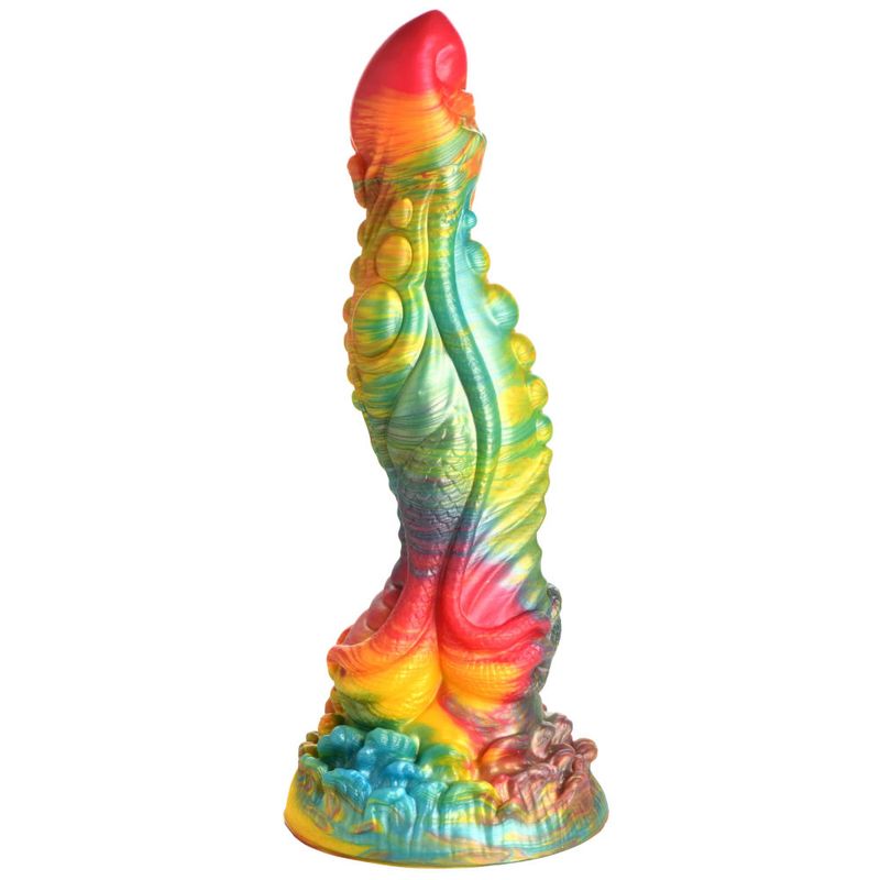 Majestic Merman Silicone Dildo with colorful iridescent design and S-shaped curve for stimulation.