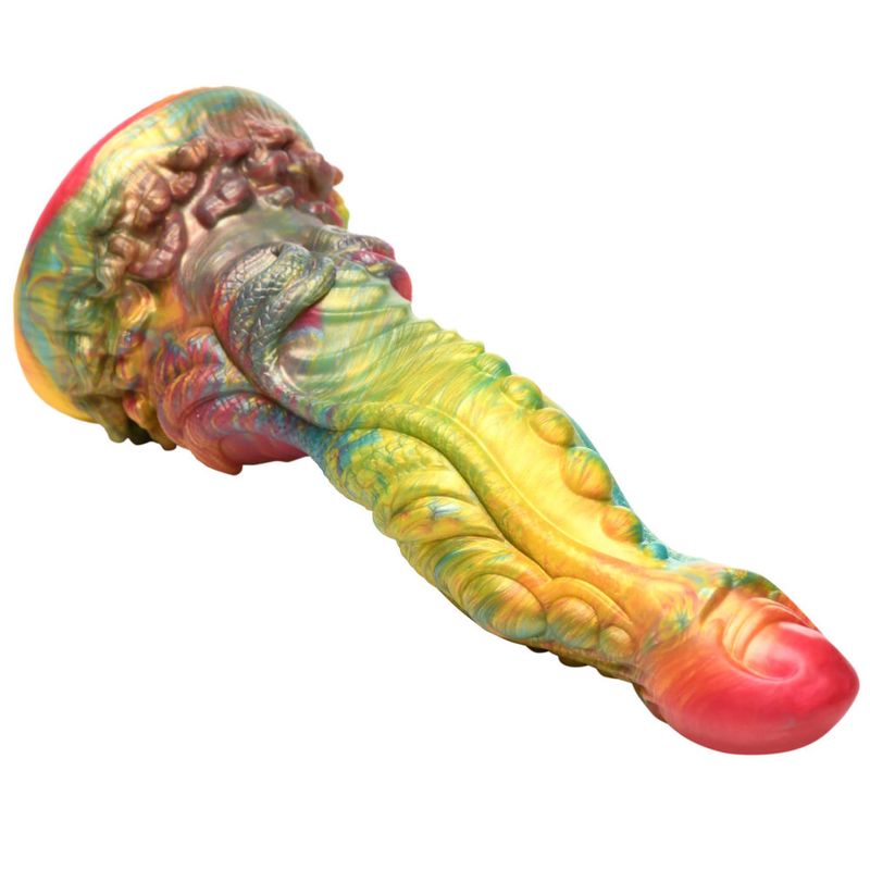 Majestic Merman Silicone Dildo with rainbow colors and S-shaped curve for deep pleasure.