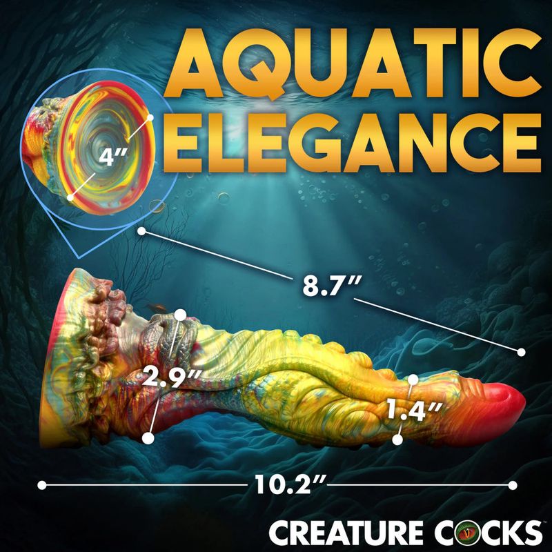Majestic Merman Dildo showcasing iridescent colors and detailed measurements for aquatic elegance.