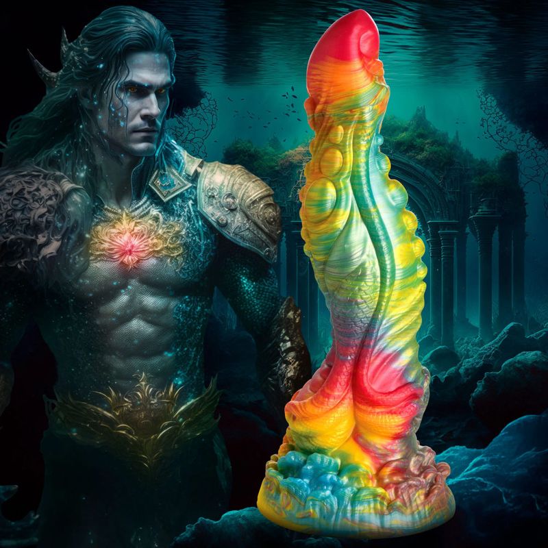 Majestic Merman Silicone Dildo in iridescent rainbow colors against a mystical underwater backdrop.
