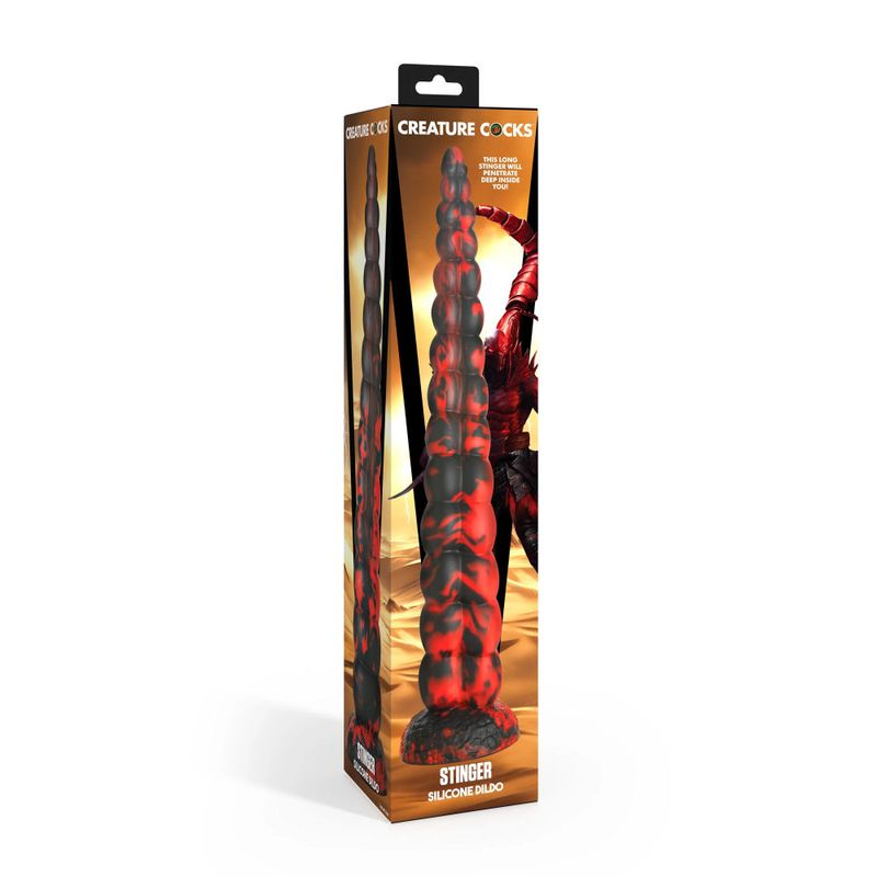 Stinger Silicone Dildo packaging, designed for adventurous experiences with a striking red and black design.