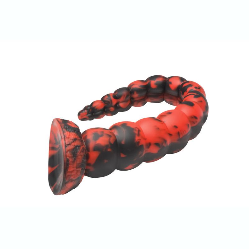 Stinger Silicone Dildo in striking red and black design, showcasing its unique tapered tip and graduated bumps.