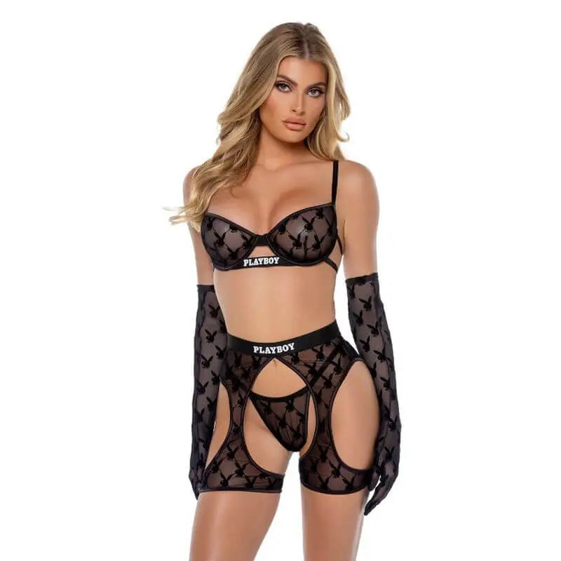Playboy Flocked Bunny Chaps 3 Pc Set  Black Playboy Lingerie Discreet Intimate Essentials.