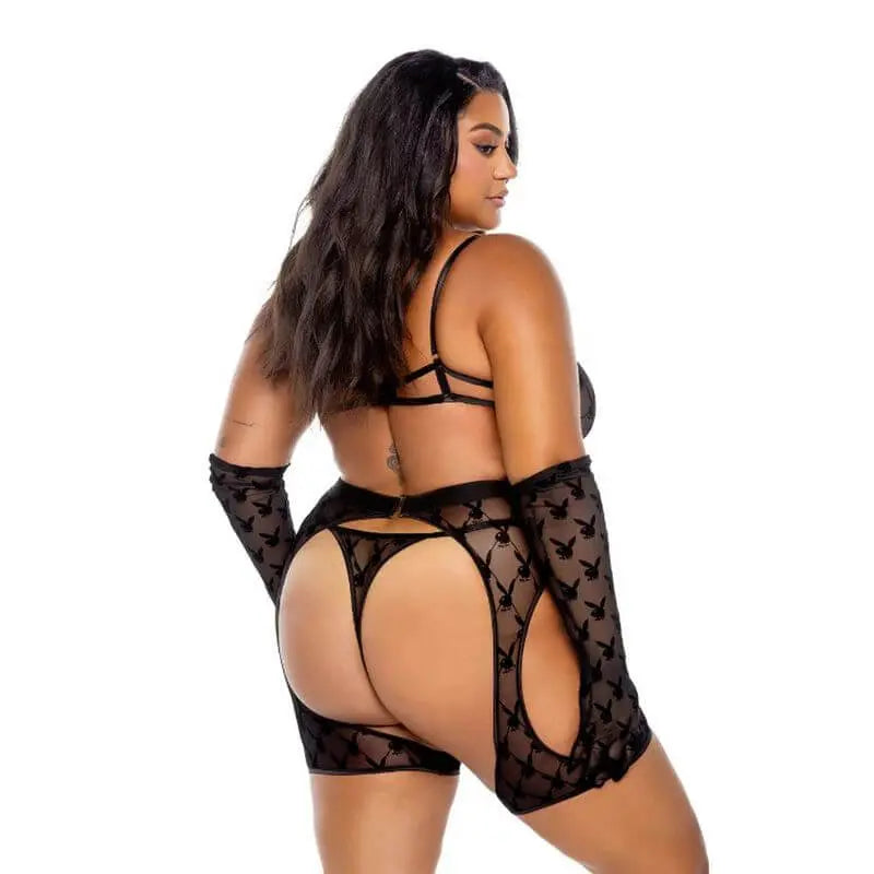 Playboy Flocked Bunny Chaps 3 Pc Set  Black Playboy Lingerie Discreet Intimate Essentials.