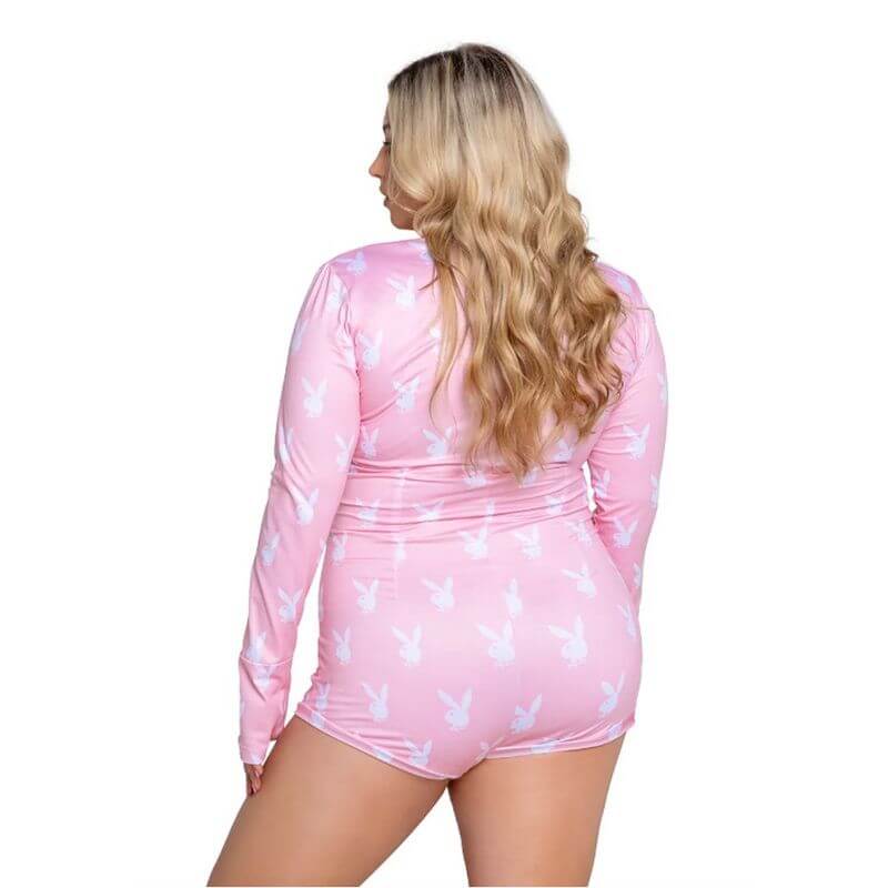 Back view of a woman wearing the pink slumber bunny romper with long sleeves and bunny logo print.