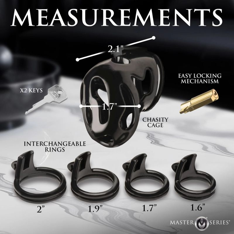 Hard Stop Double Ring Chastity Cage with measurements, locking mechanism, and interchangeable rings displayed.