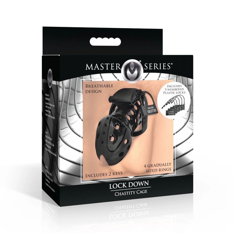 Lock Down Chastity Cage packaging featuring breathable design and four gradually sized rings for comfort.