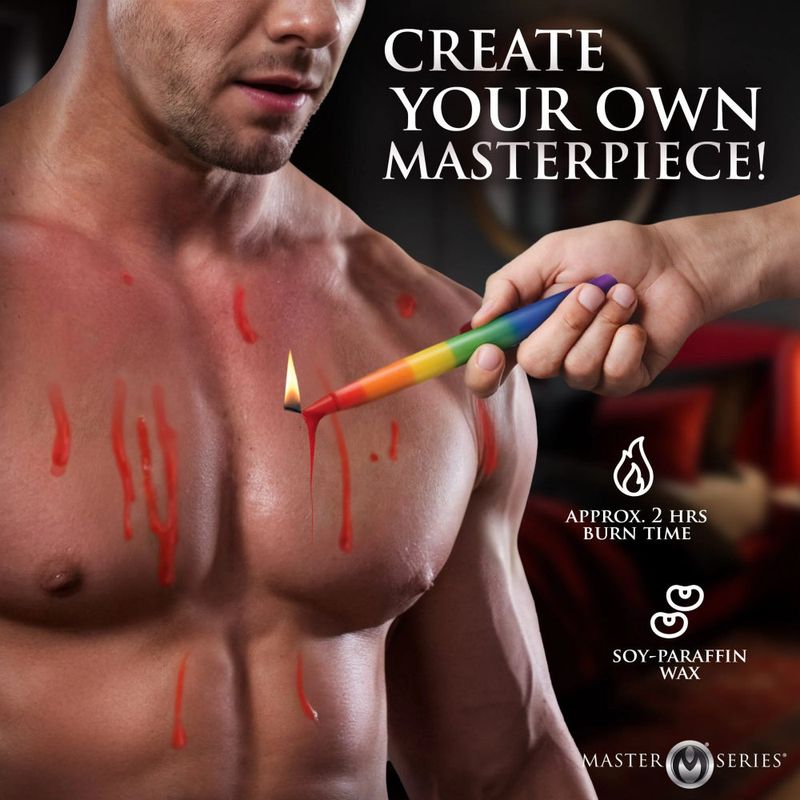 Pride Rainbow Drip Candles being used on a man's chest, showcasing colorful wax play and intimacy.