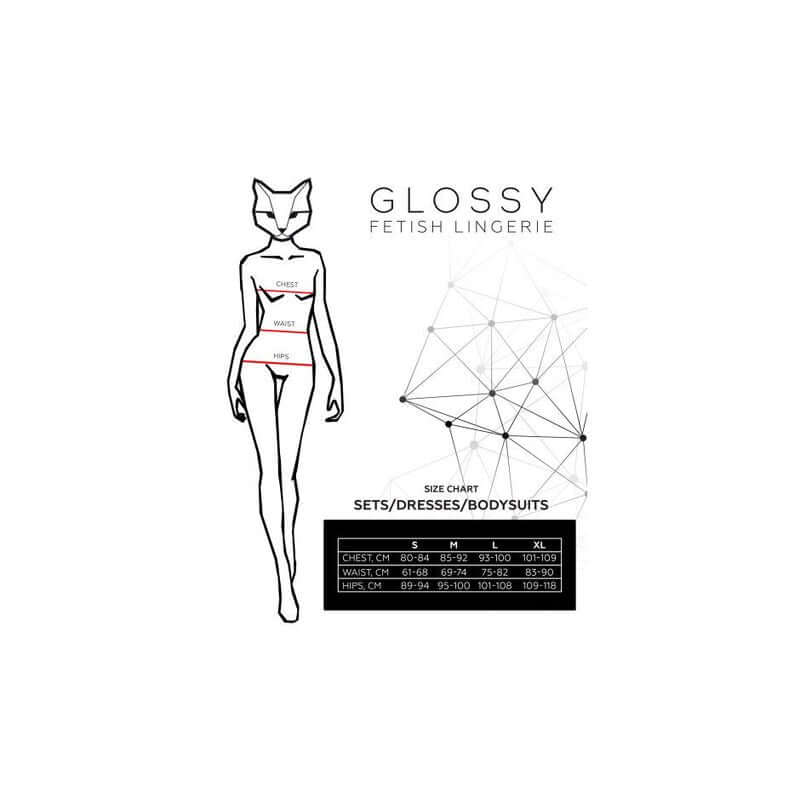 Size chart for Glossy Sheril Dress 3 Pc Set Wetlook Black, including measurements for chest, waist, and hips.