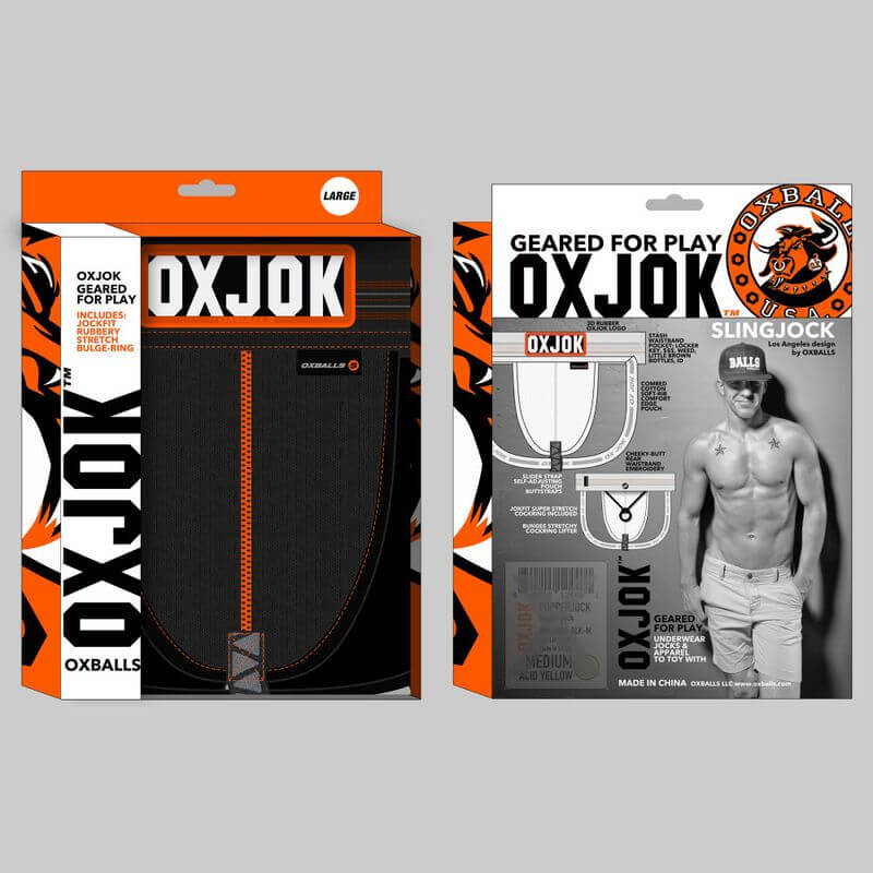 Oxballs Slingjock Upthrust Slider-Strap Jock Black Iron packaging front and back view display.