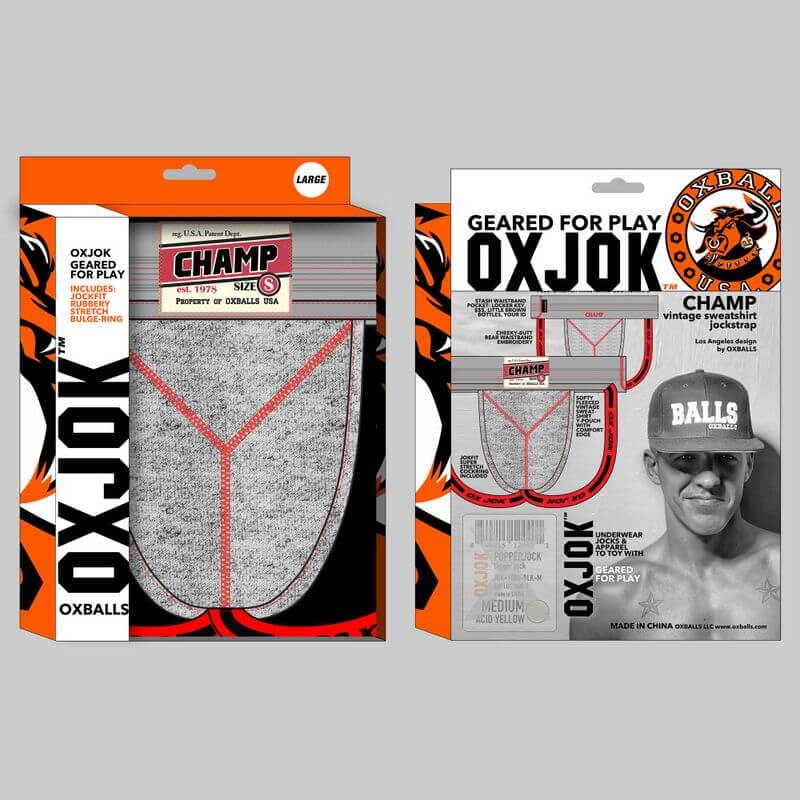 Oxballs Champ Vintage Jockstrap Gray Heather packaging featuring a Y-CUT pouch, perfect vintage jockstrap for men.