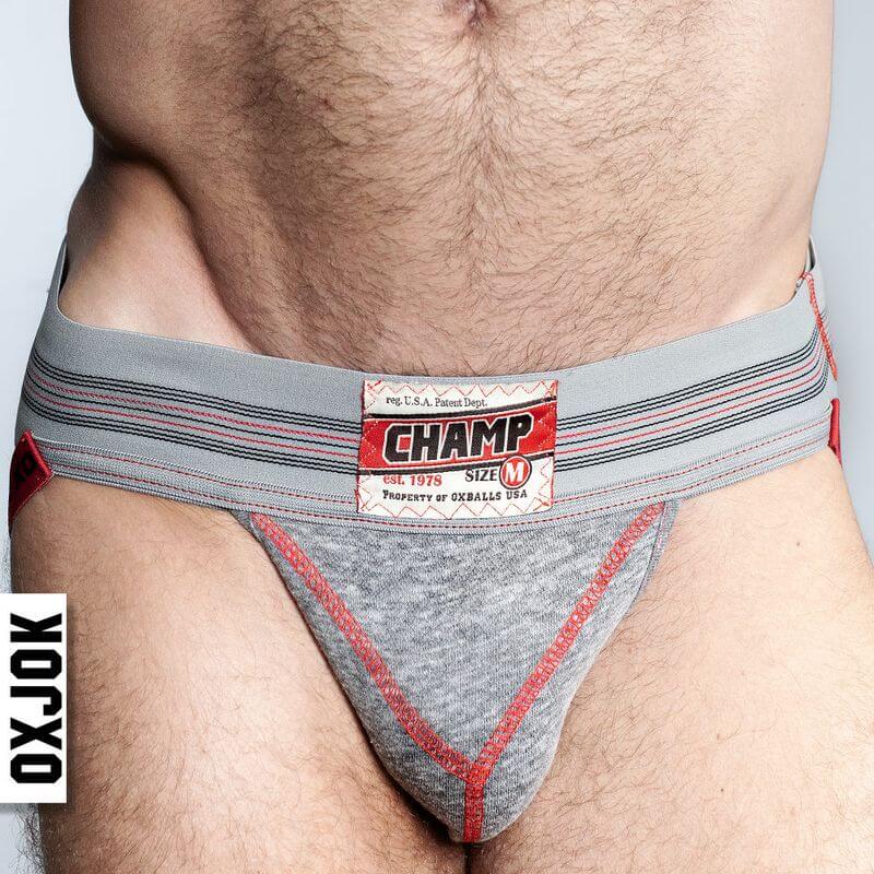 Oxballs Champ Vintage Jockstrap Gray Heather featuring a vintage woven waistband label and soft plush pouch.