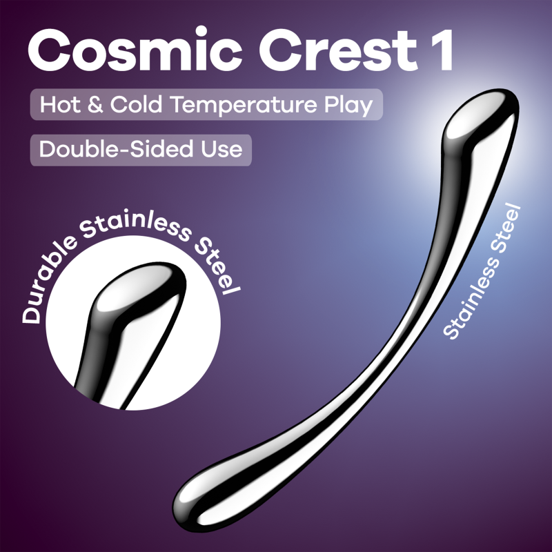 Satisfyer Cosmic Crest 1 metal dildo for G-spot stimulation featuring durable stainless steel for temperature play.