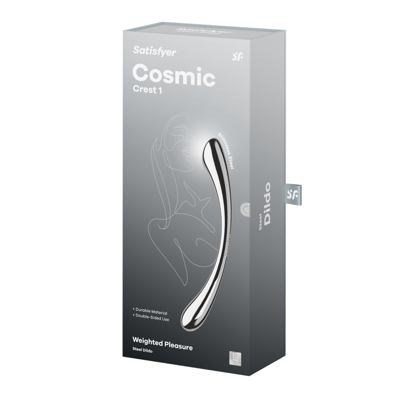 Satisfyer Cosmic Crest 1 Metal Dildo packaging showcasing a solid, high-quality metal dildo for G-spot stimulation.