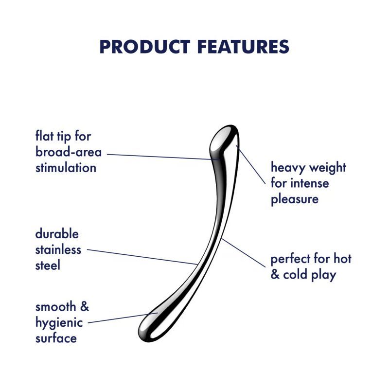 Satisfyer Cosmic Crest 1 Metal Dildo features, including flat tip and weight for enhanced G-spot stimulation and pleasure.