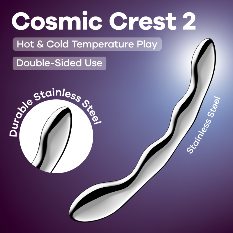Satisfyer Cosmic Crest 2 Metal Dildo for G-spot stimulation with dual-sided design and temperature play features.