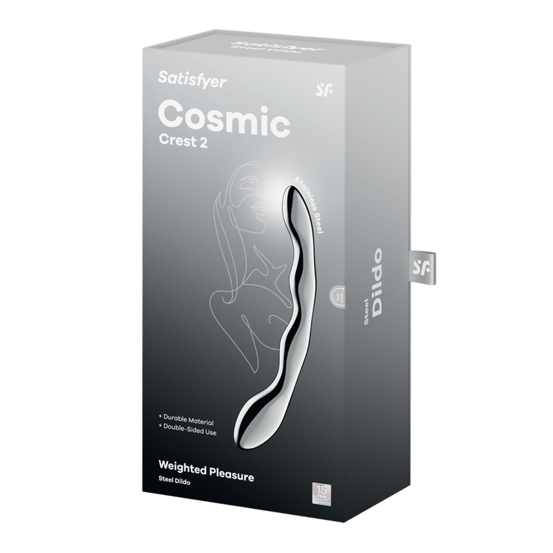 Satisfyer Cosmic Crest 2 packaging for metal dildo for G-spot stimulation, showcasing sleek and modern design.