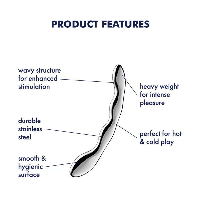 Product features of Satisfyer Cosmic Crest 2 metal dildo for G-spot stimulation, highlighting design and material benefits.