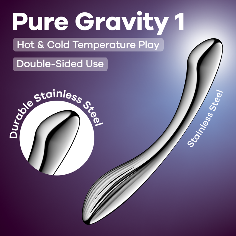 Satisfyer Pure Gravity 1 metal dildo for G-spot stimulation with hot and cold temperature play options.