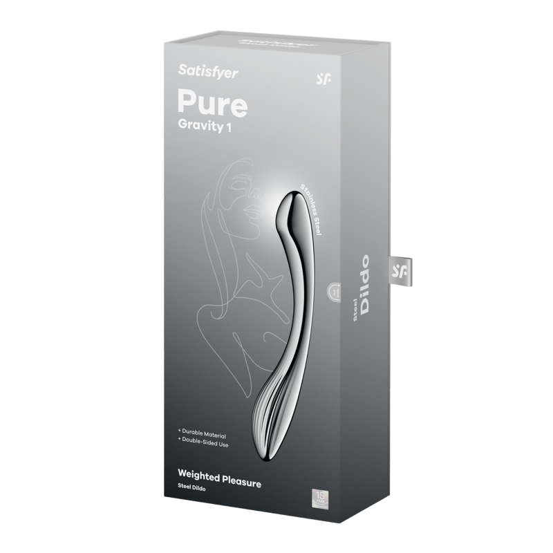 Satisfyer Pure Gravity 1 packaging, metal dildo for G-spot stimulation, sleek design for weighted pleasure