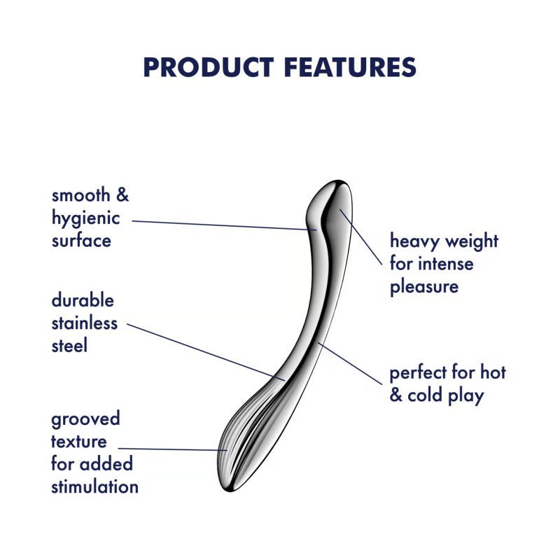 Product features of Satisfyer Pure Gravity 1, a metal dildo for G-spot stimulation including its ergonomic design and hygienic surface.