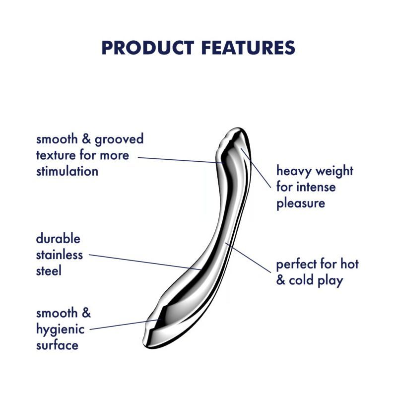Satisfyer Pure Gravity 2 Metal Dildo features including durability and smooth surface for G-spot stimulation.
