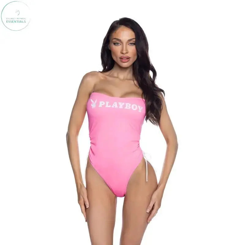 PlayBoy Pink 1 Pc Swimsuit with Ruched Side Ties & Removable Clear Straps Playboy Swim Discreet Intimate Essentials.