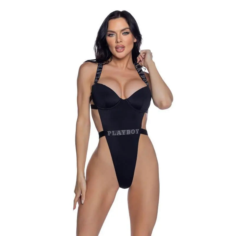 PlayBoy Black High-Leg 1 Pc Swimsuit with Rhinestone Logo Playboy Swim Discreet Intimate Essentials.