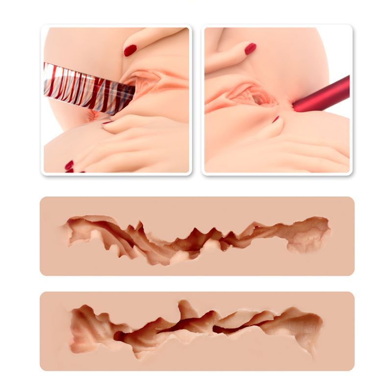 Image showcasing the inner textures of the Barbie torso masturbator, highlighting its dual entry features.