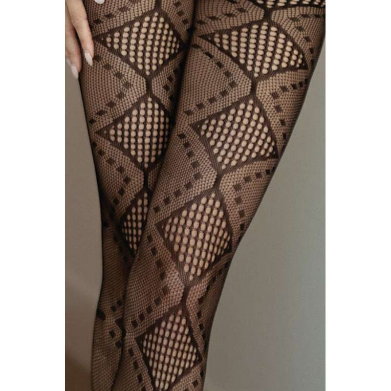 Black fishnet tights with geometric pattern showcasing legs in a stylish design.