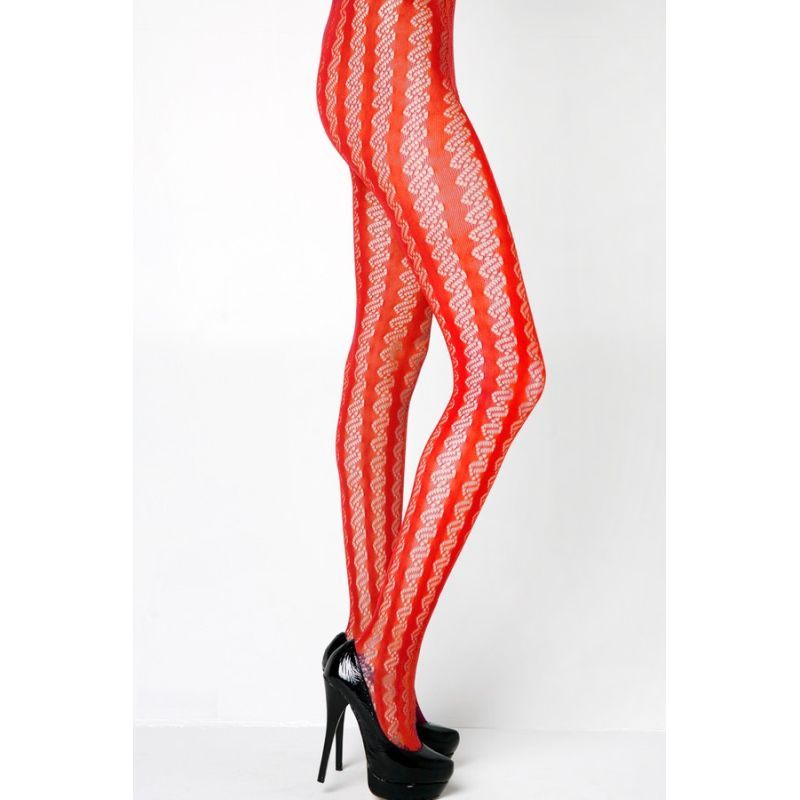 Stella Elyse Coiled Lines Fishnet Tights Coffee featuring a striking vertical coil pattern in red.