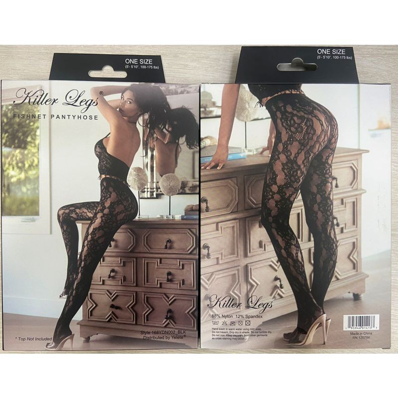 Killer Legs Fishnet Pantyhose packaging showcasing a model wearing the tights in a stylish setting.