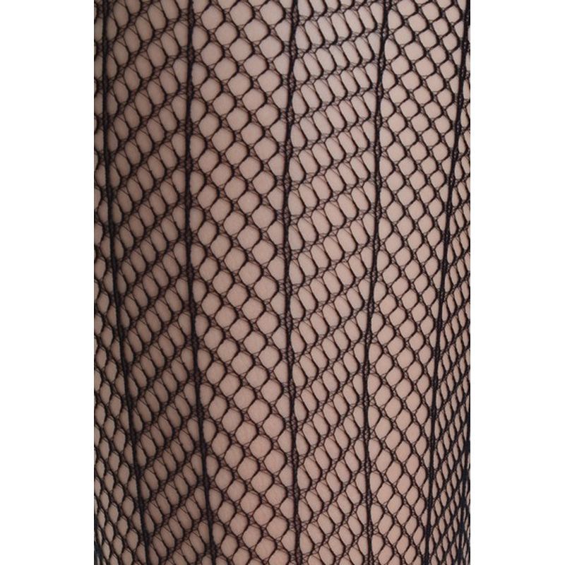 Close-up of arrow mesh tights showing bold arrow mesh pattern for chic and seductive style.