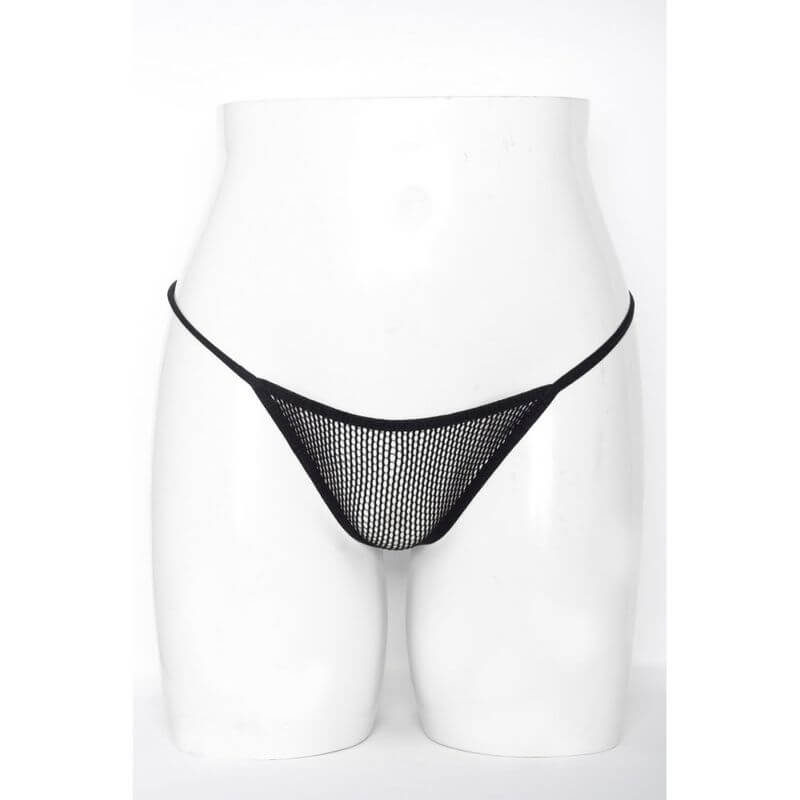 Mesh Net G-String Black displayed on a mannequin, showcasing its sheer net design and open back.