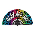 Colorful rainbow leopard print folding hand fan with 'Slay All Day' text, perfect for staying stylish and cool.