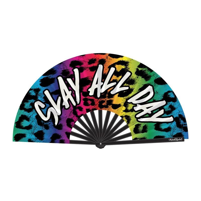 Colorful rainbow leopard print folding hand fan with 'Slay All Day' text, perfect for staying stylish and cool.