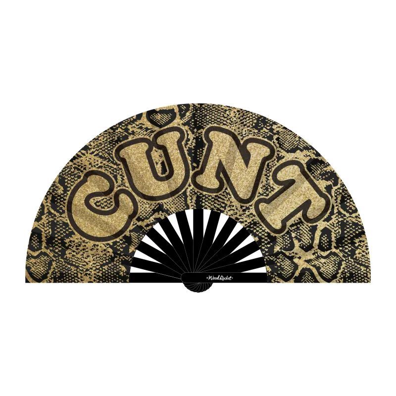 Glittery folding hand fan with bold gold text, stylish design, and bamboo ribs, ideal for cooling off in fashion.