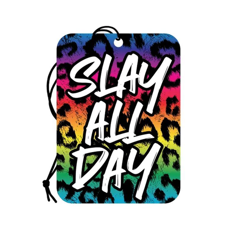 Slay All Day leopard print air freshener with vibrant colors and string for hanging in cars or closets.