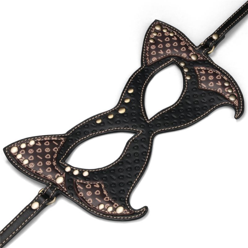 Rebellion Reign Cat Mask featuring charming design and antique bronze rivets, perfect for intimate essentials for her.