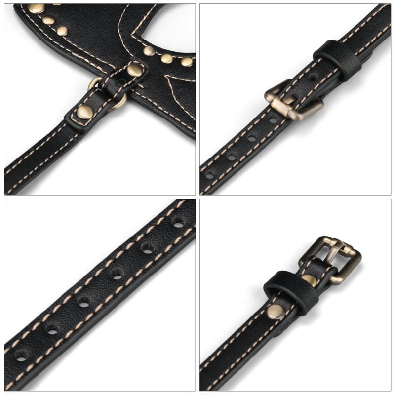 Rebellion Reign Cat Mask close-up showing adjustable strap and antique bronze rivets for secure fit.