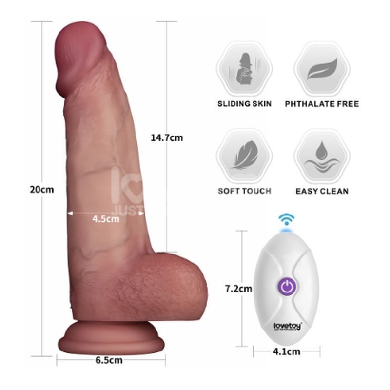 Realistic vibrating silicone dong showing dimensions and features like waterproof and remote control.