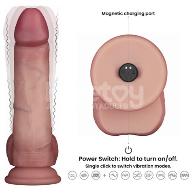 Vibrating Sliding Skin Pro II Silicone Dong 8in with magnetic charging, showing power switch and realistic vibrating silicone dong features.
