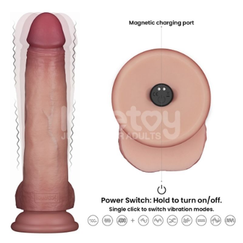 Vibrating silicone dong with magnetic charging port and power switch for adjustable vibration modes.