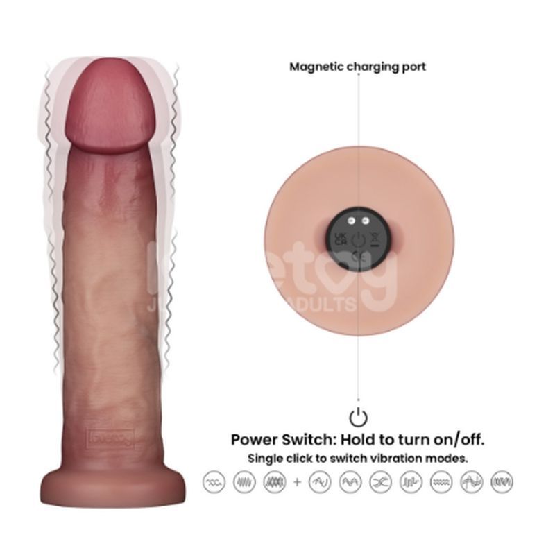 Vibrating Sliding Skin Pro II Silicone Dong 9in with magnetic charging port and vibration control features.
