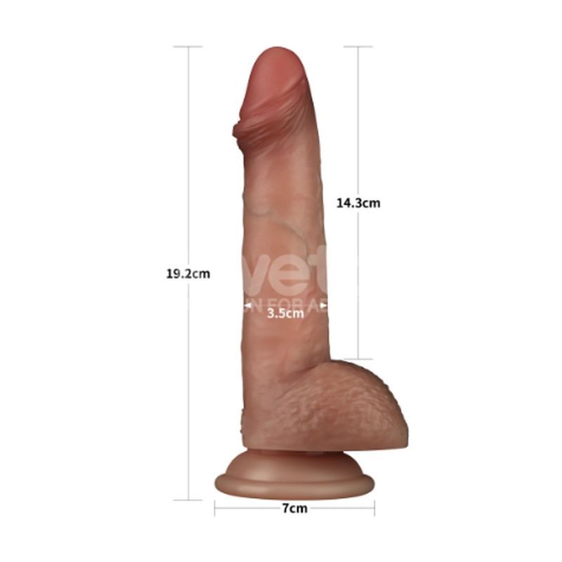 Dual layer silicone dildo displayed with dimensions for size reference.